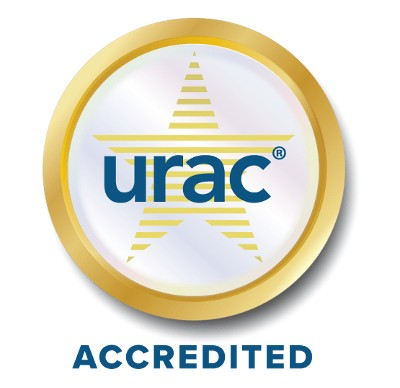 URAC Accredited Logo. Gold star inside gold circle with u r a c in blue letters