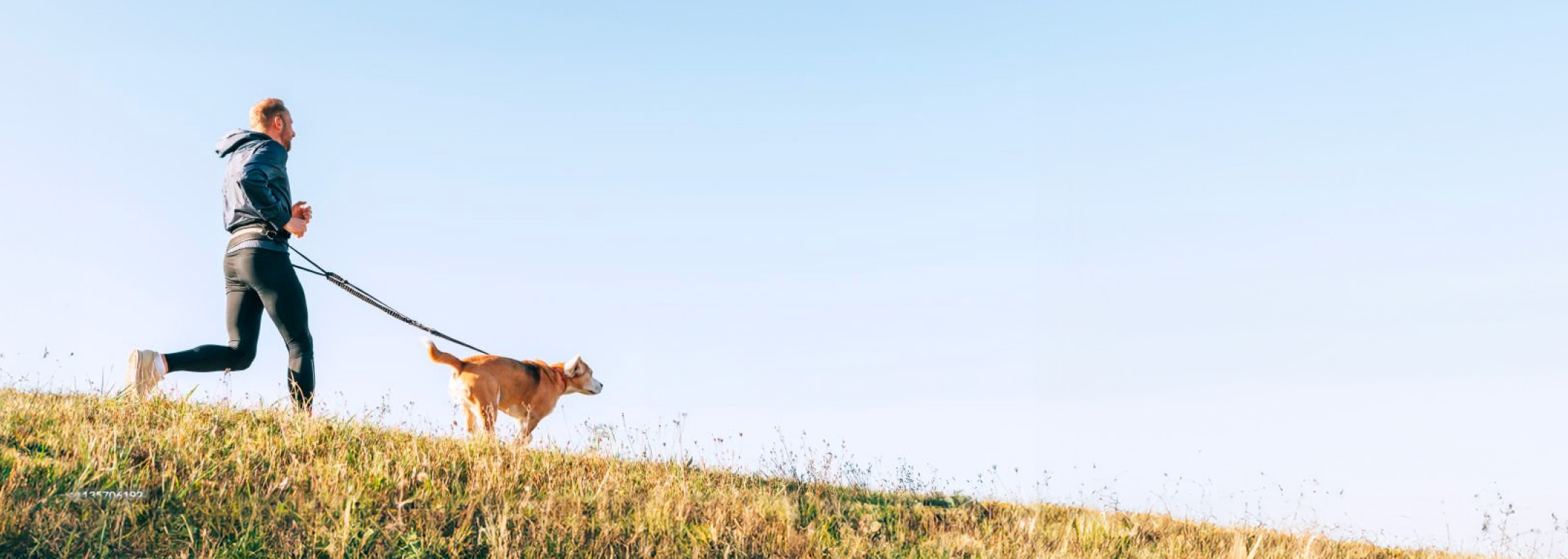 A man runs with his dog in a field.