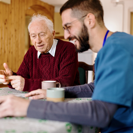 Elder man patient makes medical patient laugh