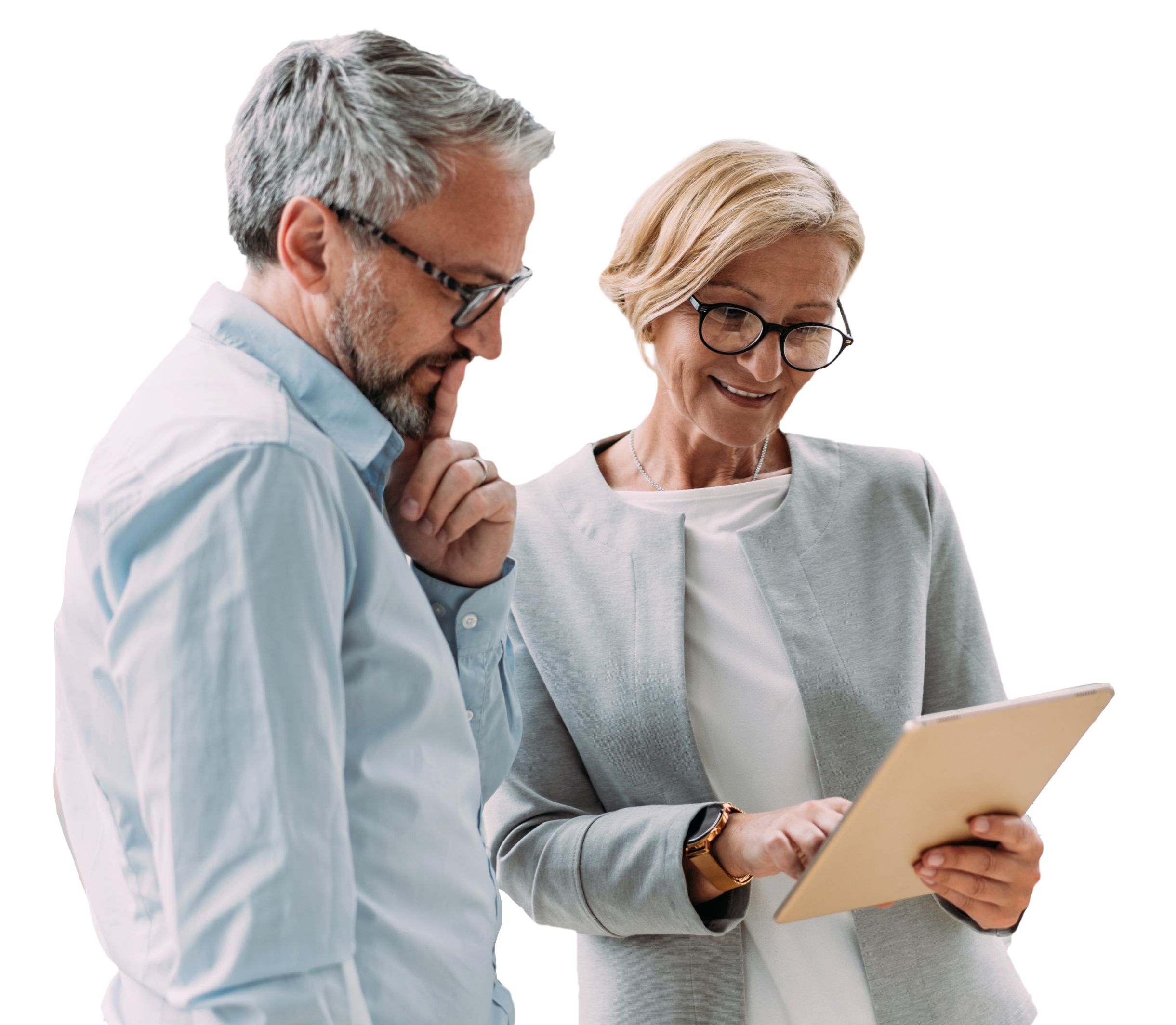 male and female reviewing data