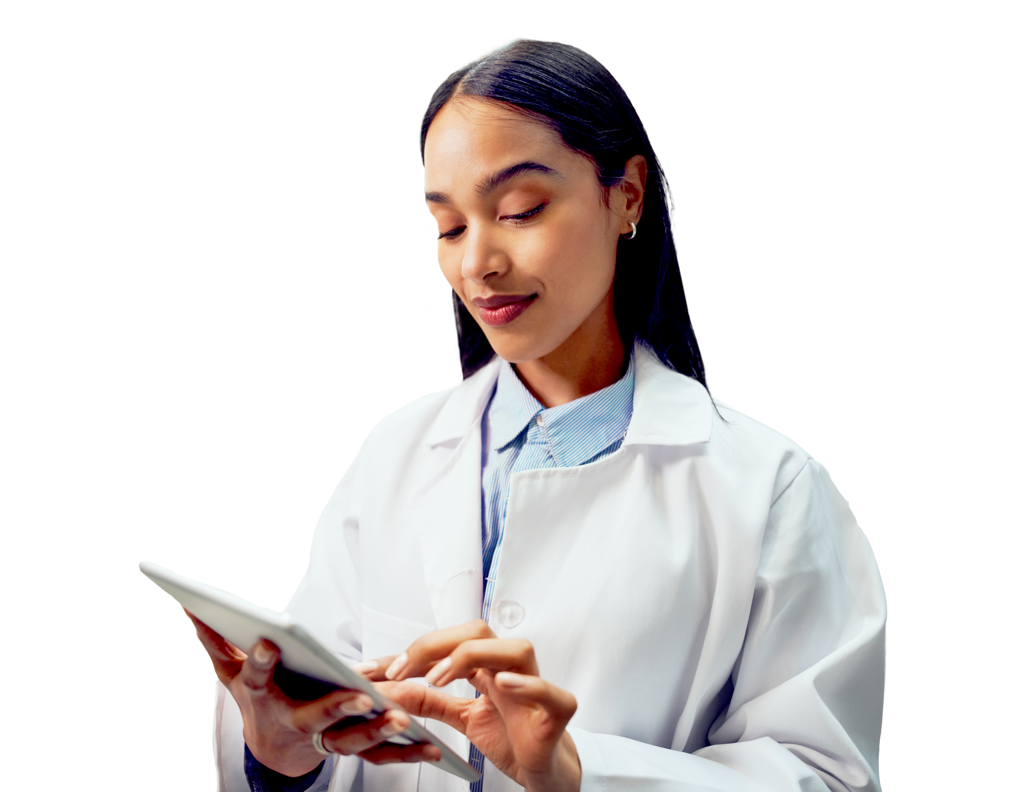 female in lab coat with tablet