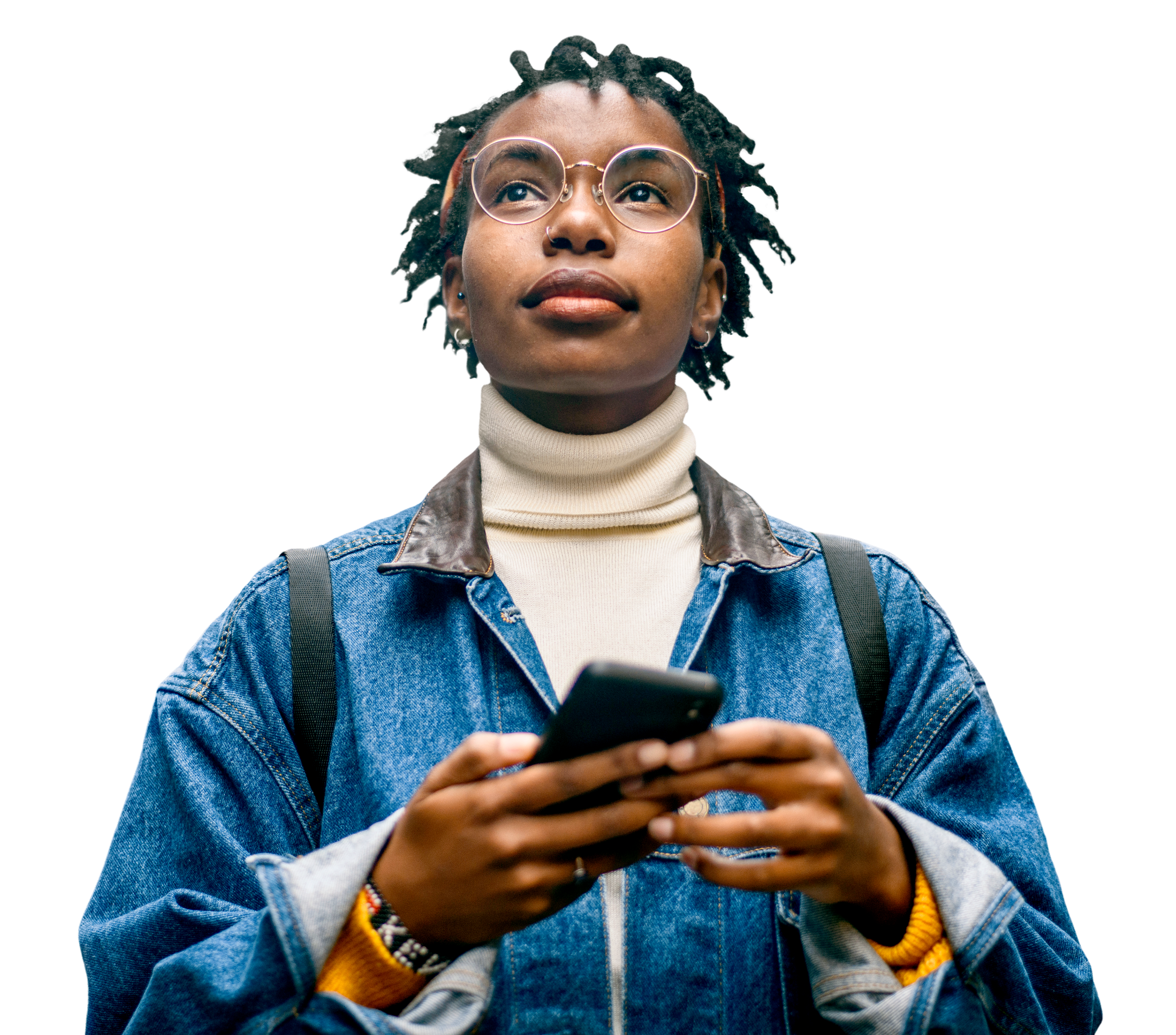 black woman holding phone looking up