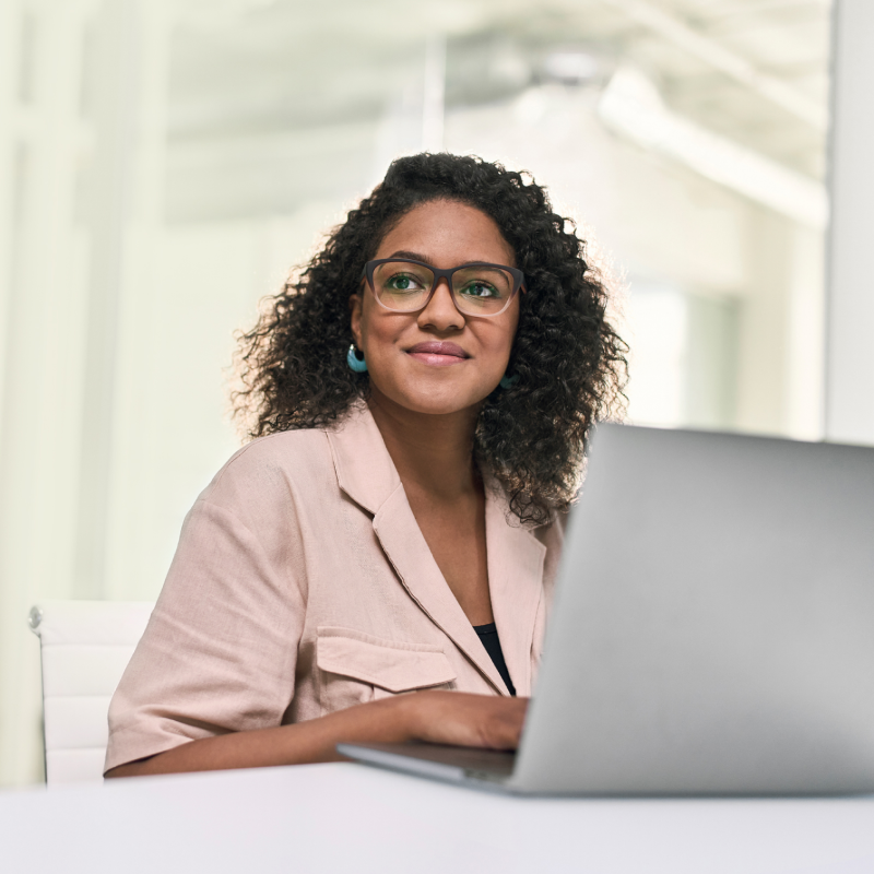 Woman with eyeglasses look ahead