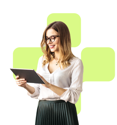 woman with tablet with hypermint plus background